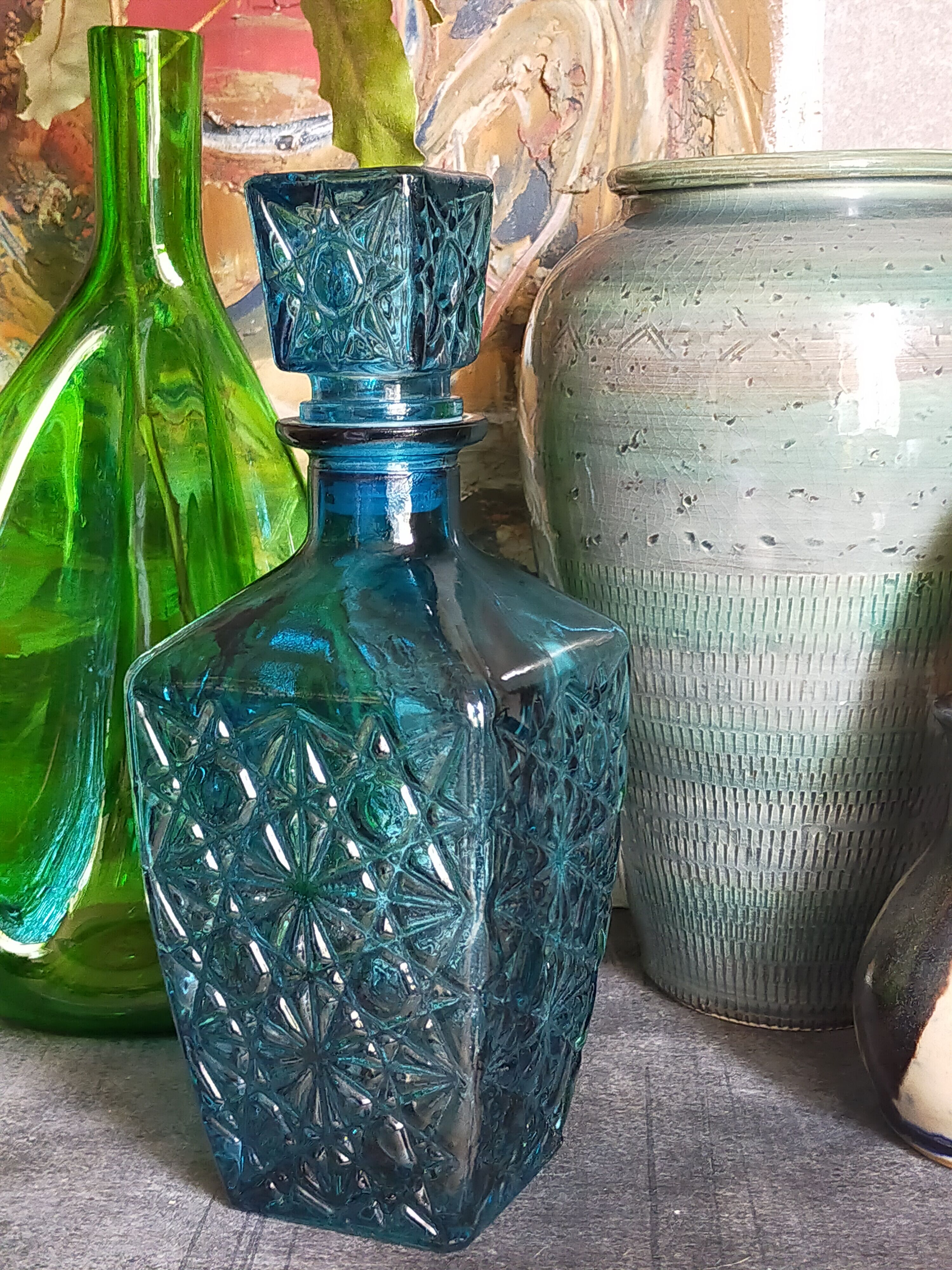 Vintage blue glass whiskey decanter