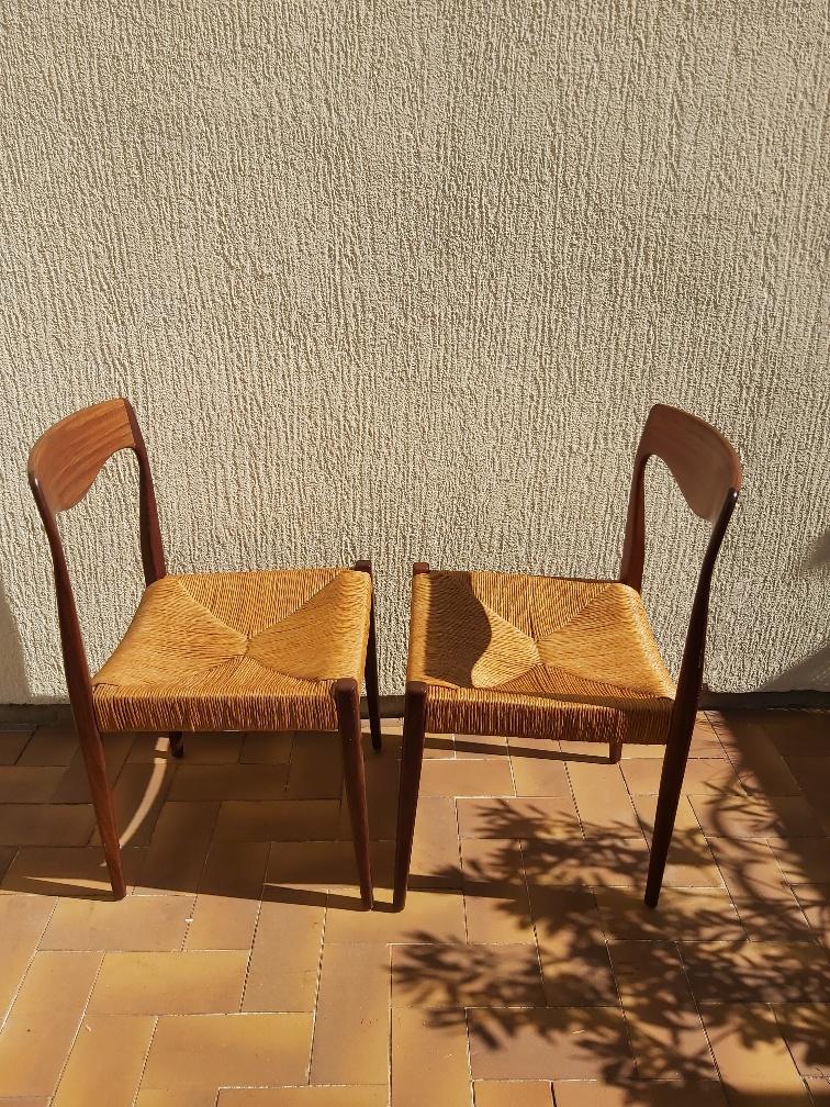 3 Niels Otto Moller chairs in teak and straw 60s