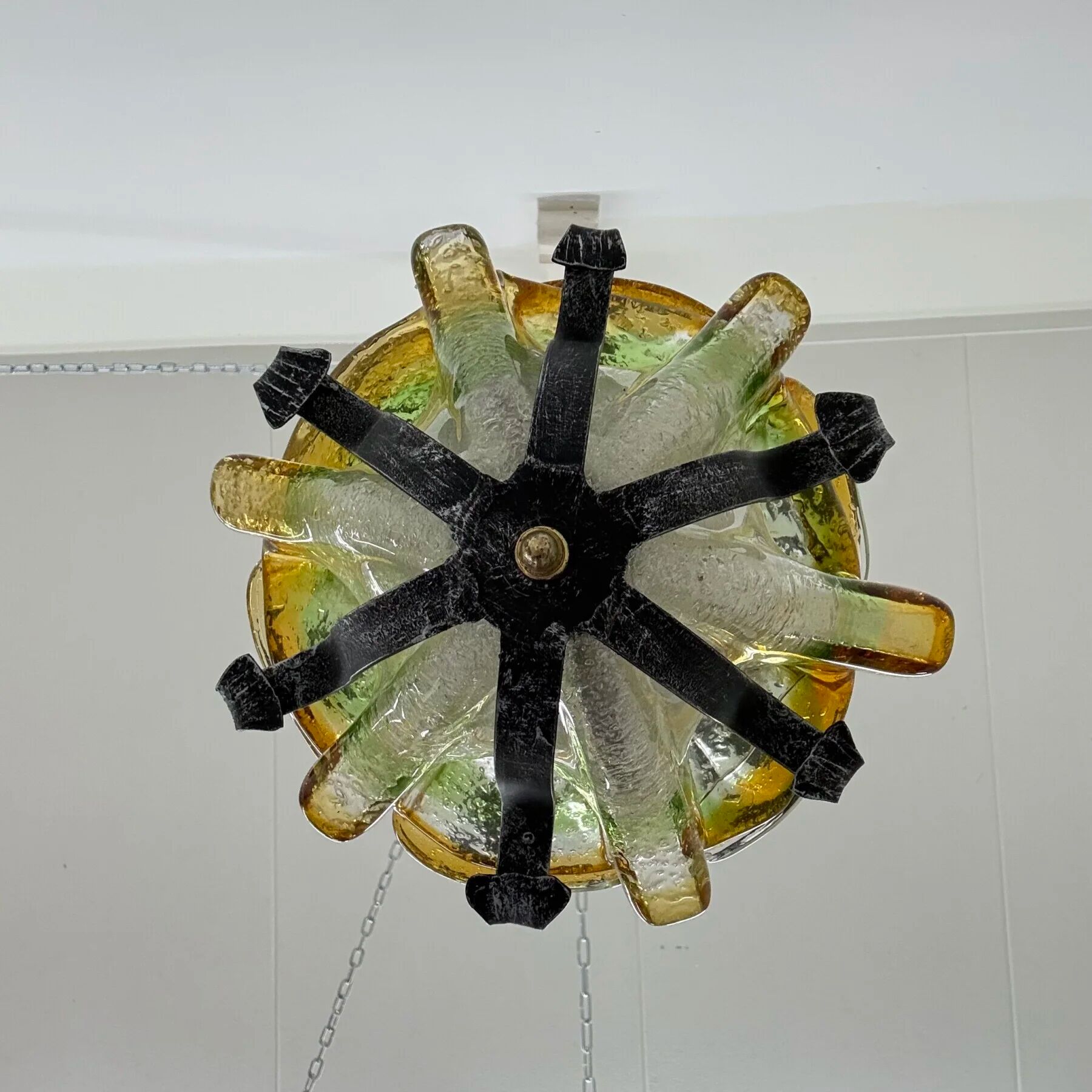 Brutalist glass and iron hanging lamp, 1970s