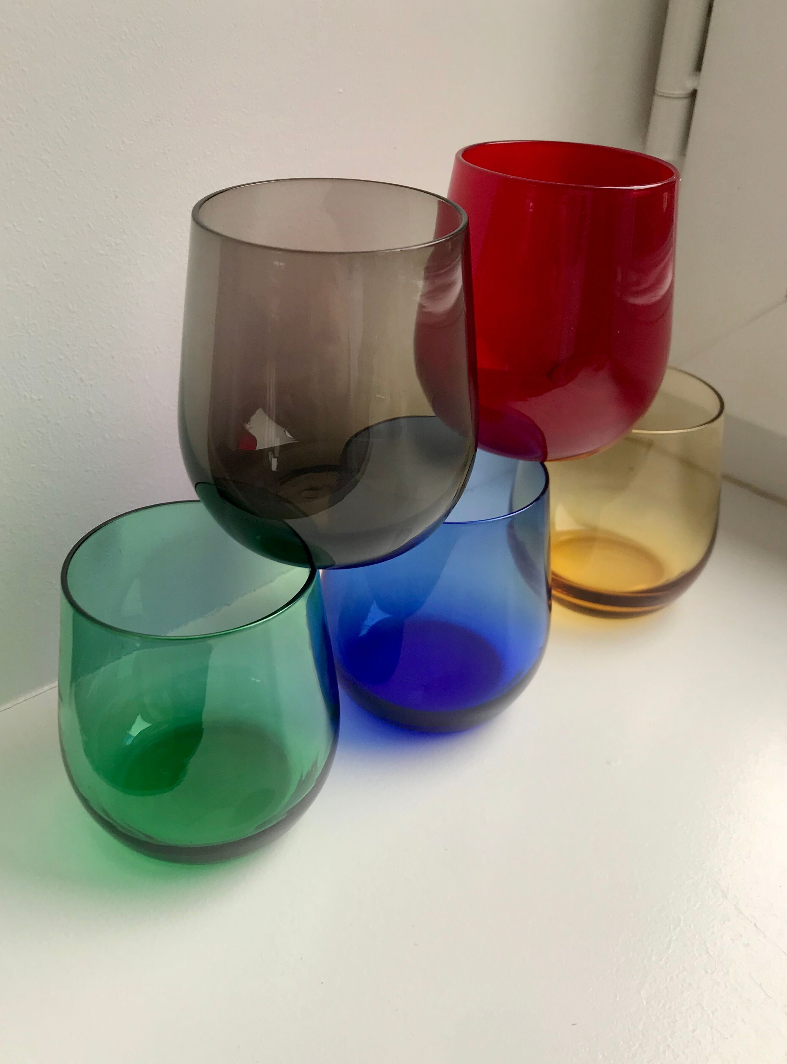 Set of 5 colored water glasses design 60s-70s