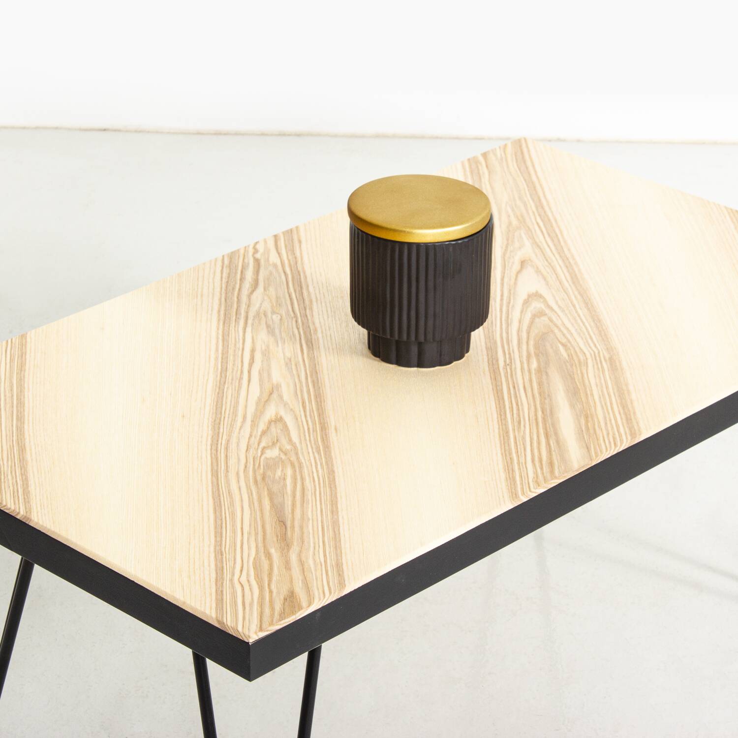 Olive ash coffee table with metal hairpin legs