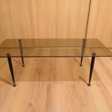 Rectangular coffee table with metal & brass foot and smoked glass, vintage 70s