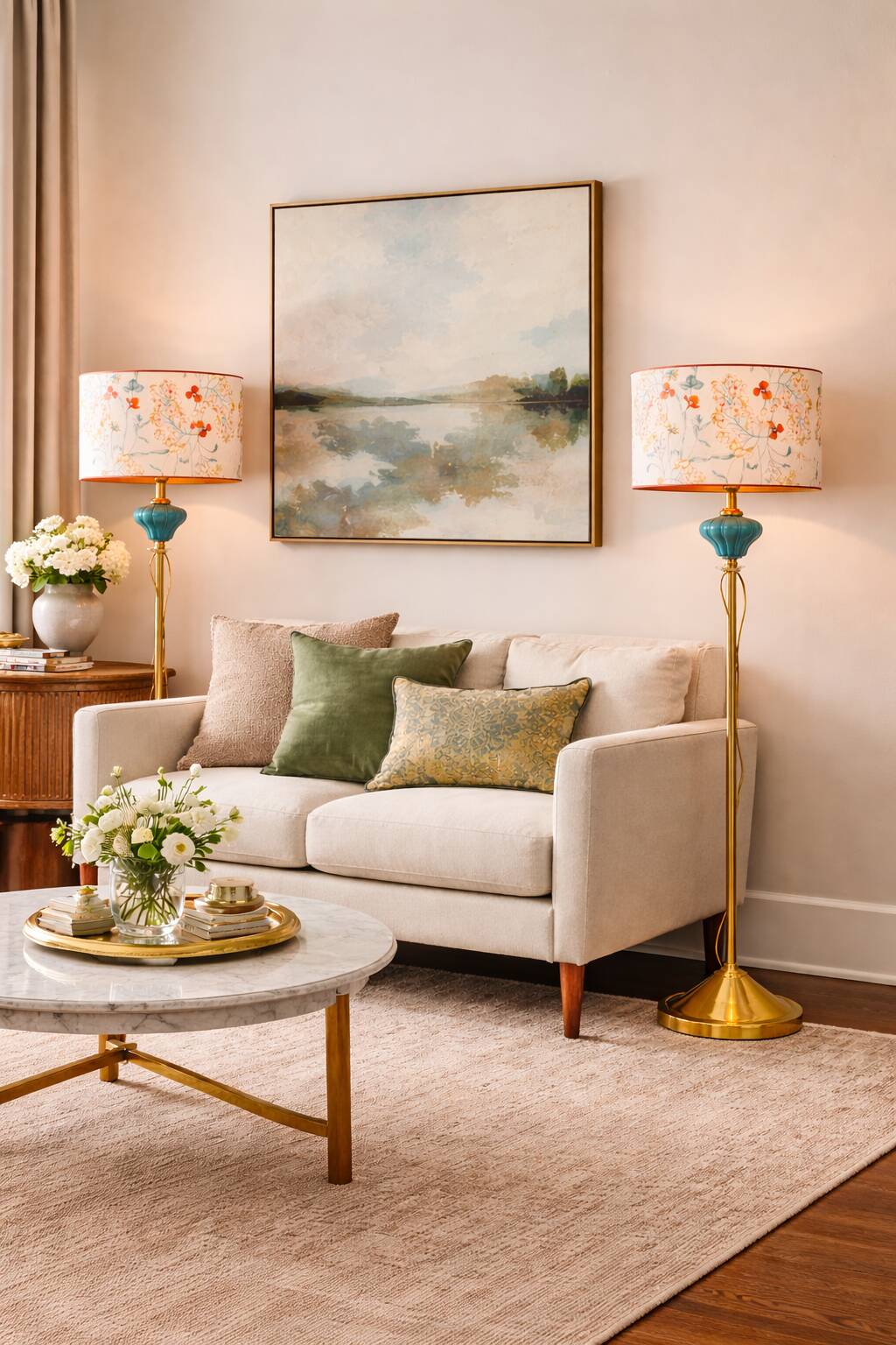 Pair of vintage floor lamps in brass and turquoise ceramic.