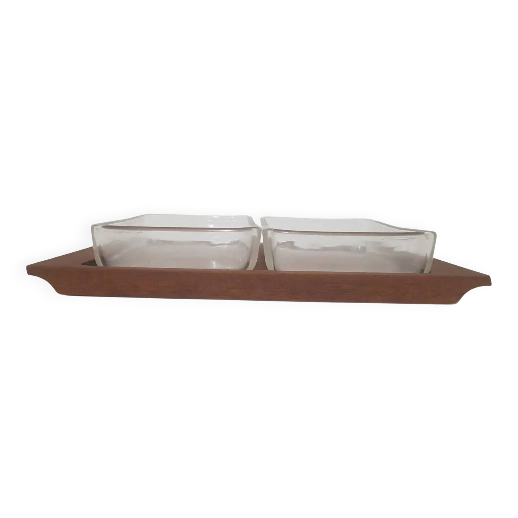 Service set, brown teak wood, clear glass, Denmark, 1970s.