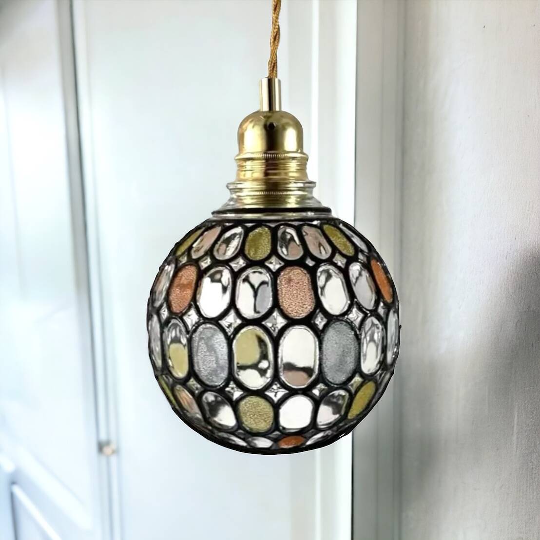 Multicolored faceted globe pendant light
