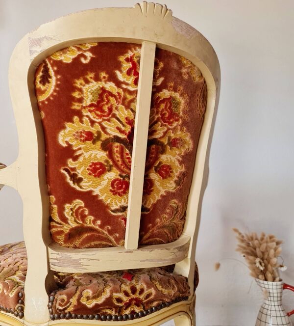 Fauteuil cabriolet de style Louis XV - assise velours fleurie