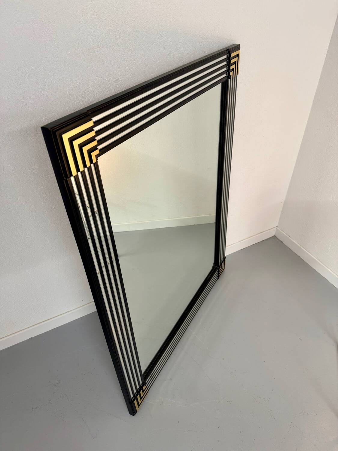 Grand miroir vintage année 70 design DEKNUDT décor géométrique bois