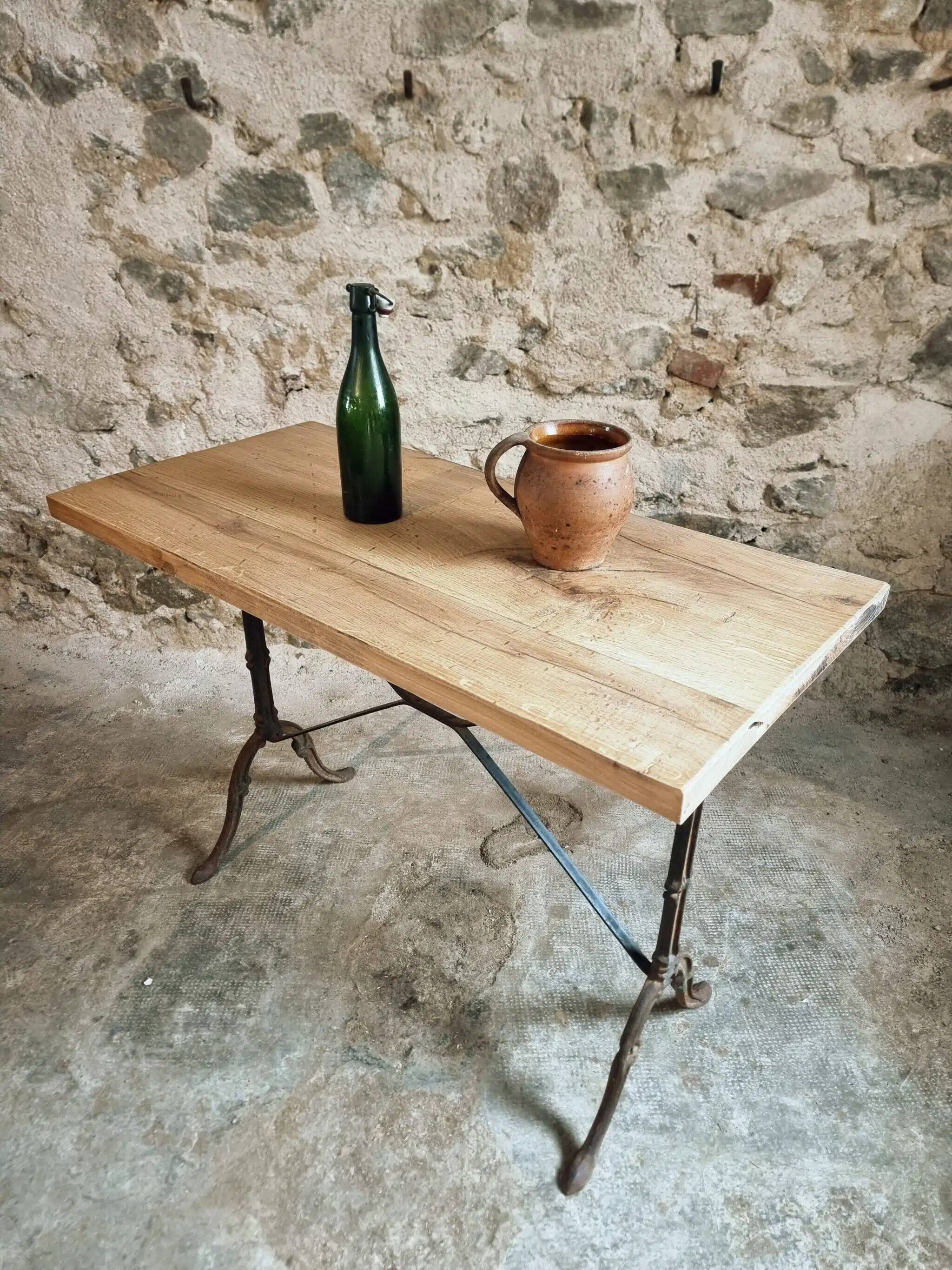 Vintage French bistro table - 1960s/70s cast iron base with solid oak top - retro coffee or wine table