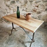 Vintage French bistro table - 1960s/70s cast iron base with solid oak top - retro coffee or wine table