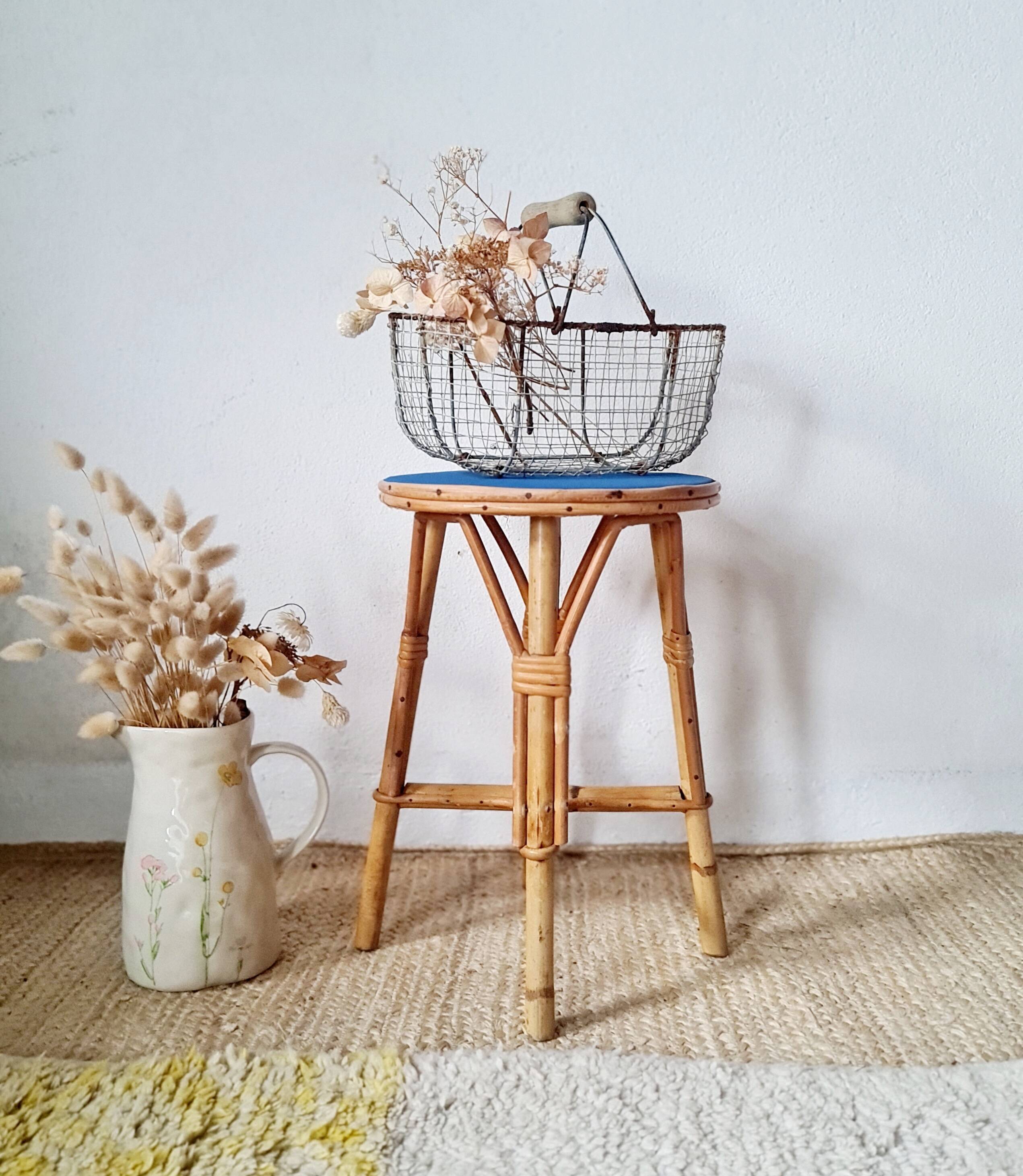 Rattan stool - round painted top in Klein blue