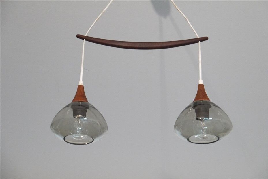 Scandinavian boomerang chandelier in teak and glass