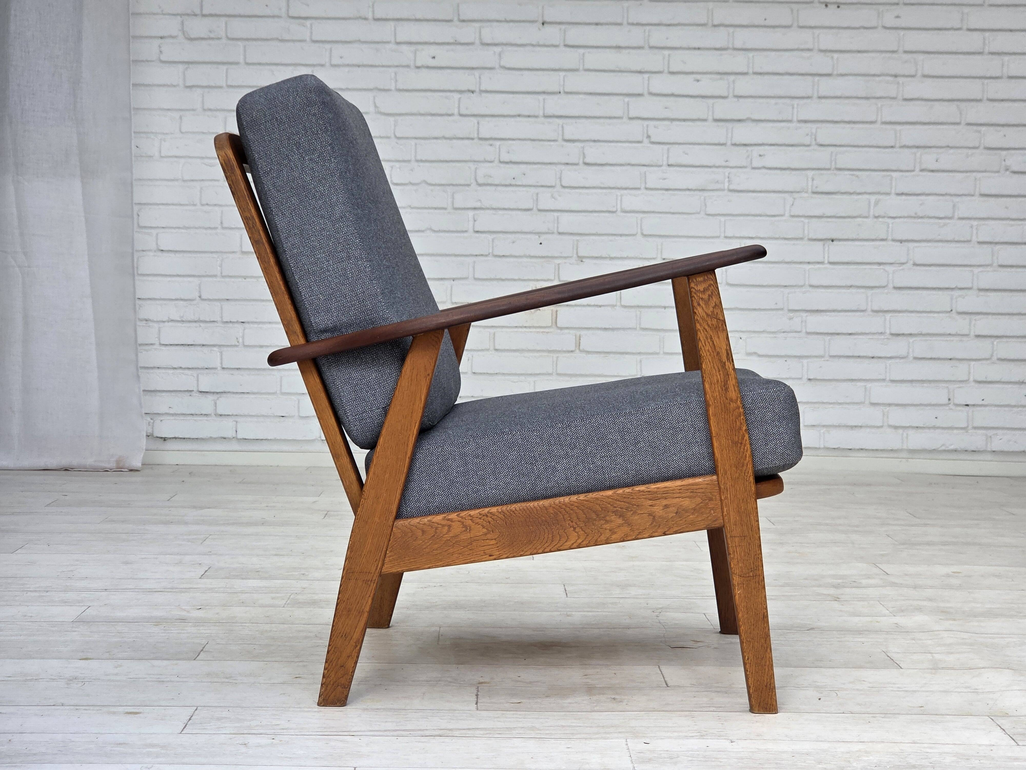 1970s, pair of Danish armchairs, reupholstered, furniture wool, teak, oak.