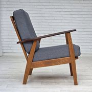 1970s, pair of Danish armchairs, reupholstered, furniture wool, teak, oak.