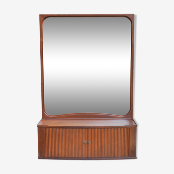 Vintage mid-century Danish mirror with tambour cabinet from 1950s 1960s. 46x67cm