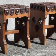 Pair of brutalist stools, leather seat.