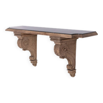Jean-Charles Moreux. Console en chêne sculpté et marbre. Années 1940.