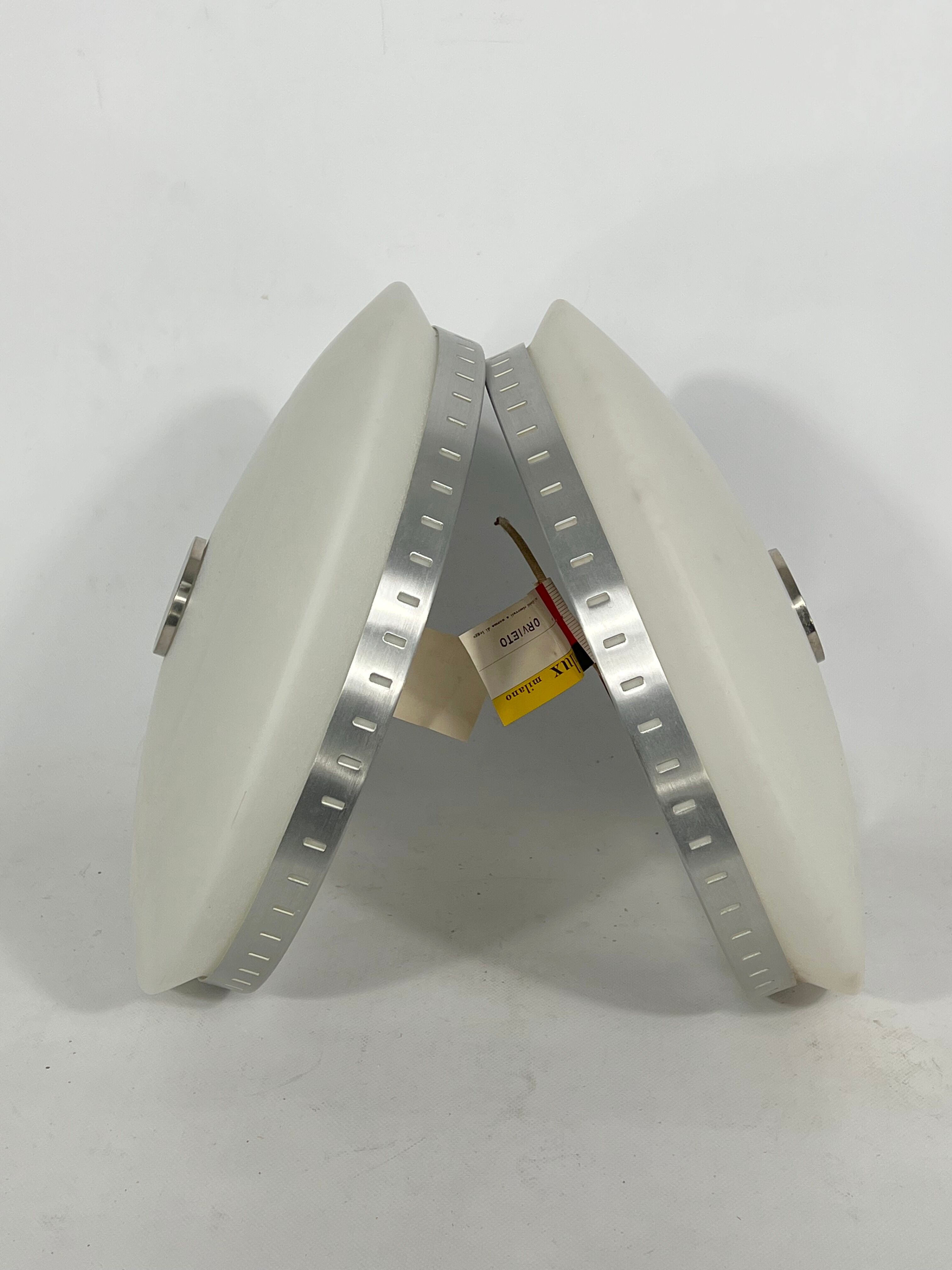 Stilux Milano, pair of round opaline glass ceiling lamps. 1960s