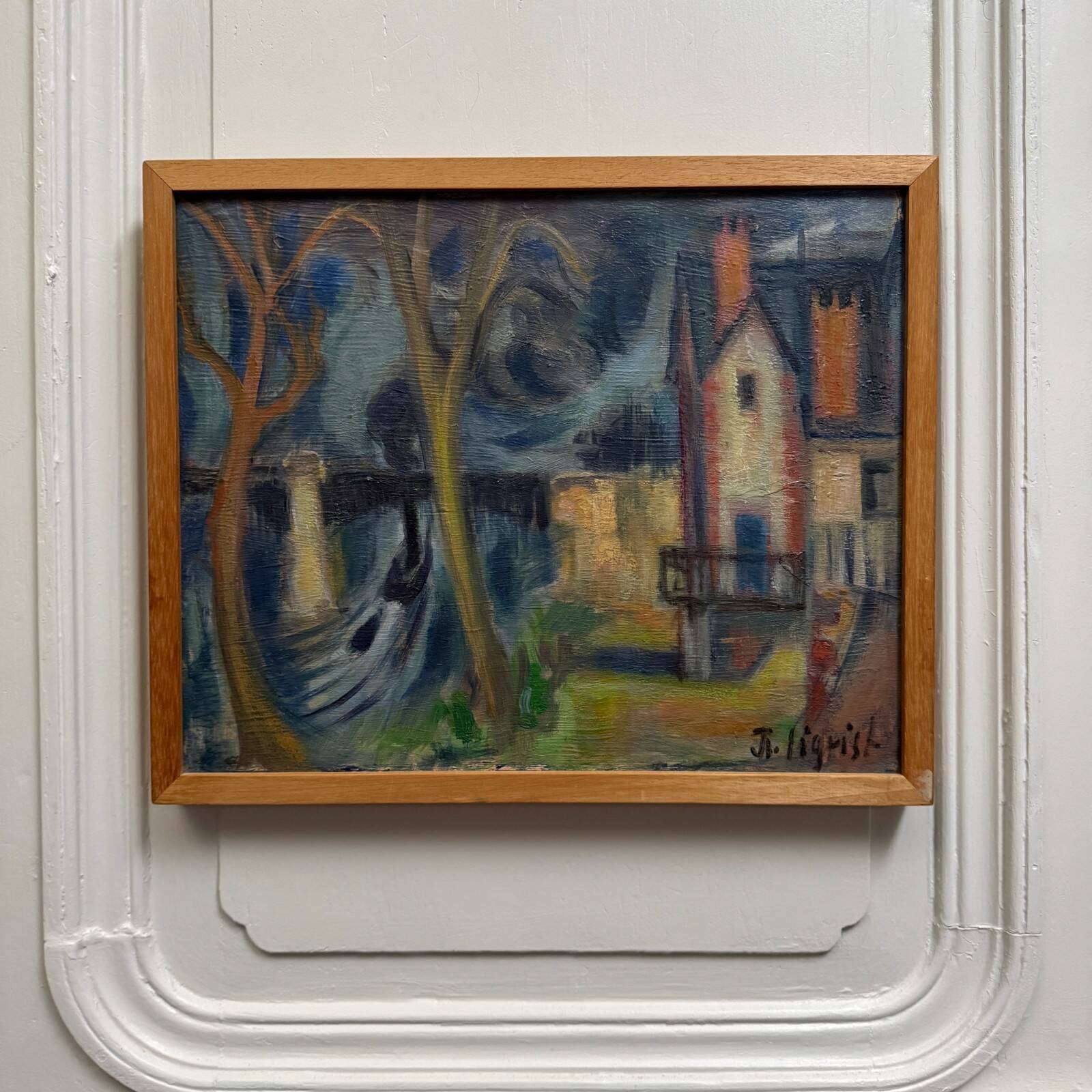 Oil on canvas modern composition Island of Chatou by J.-J. Sigrist