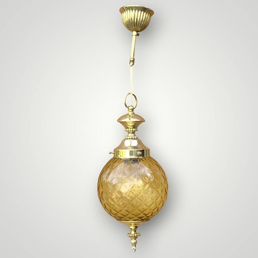 Suspension boule style Hollywood Regency en verre texturé et laiton doré