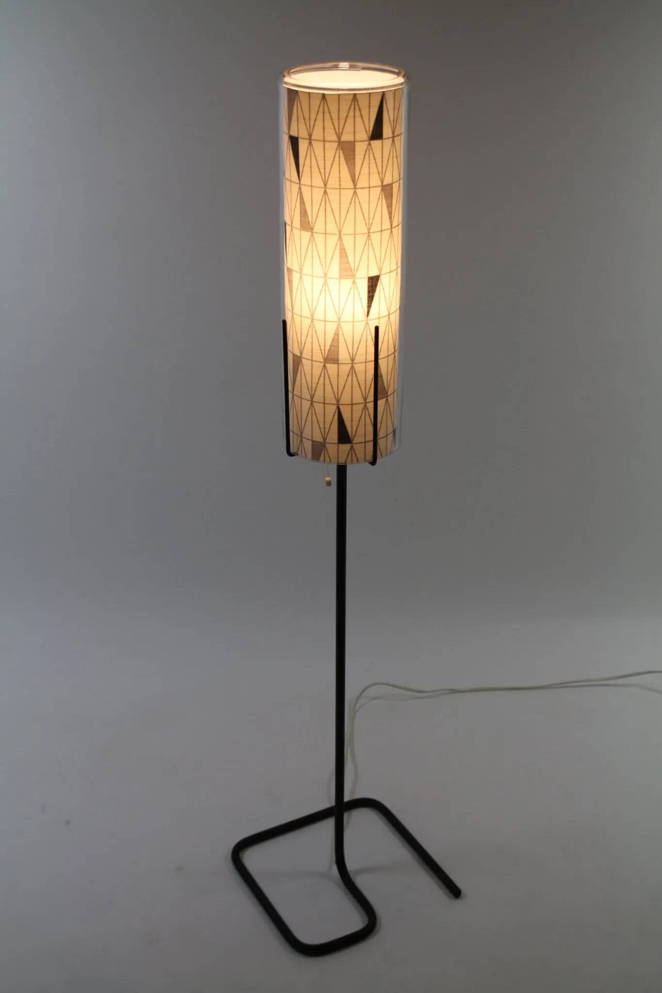Floor Lamp with Sven Markelius “Pythagoras” Fabric Shade — Nordiska Kompaniet (attr.), Sweden, circa 1955–1960