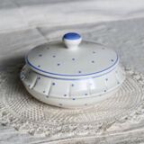 Vintage ivory earthenware candy box with blue polka dots