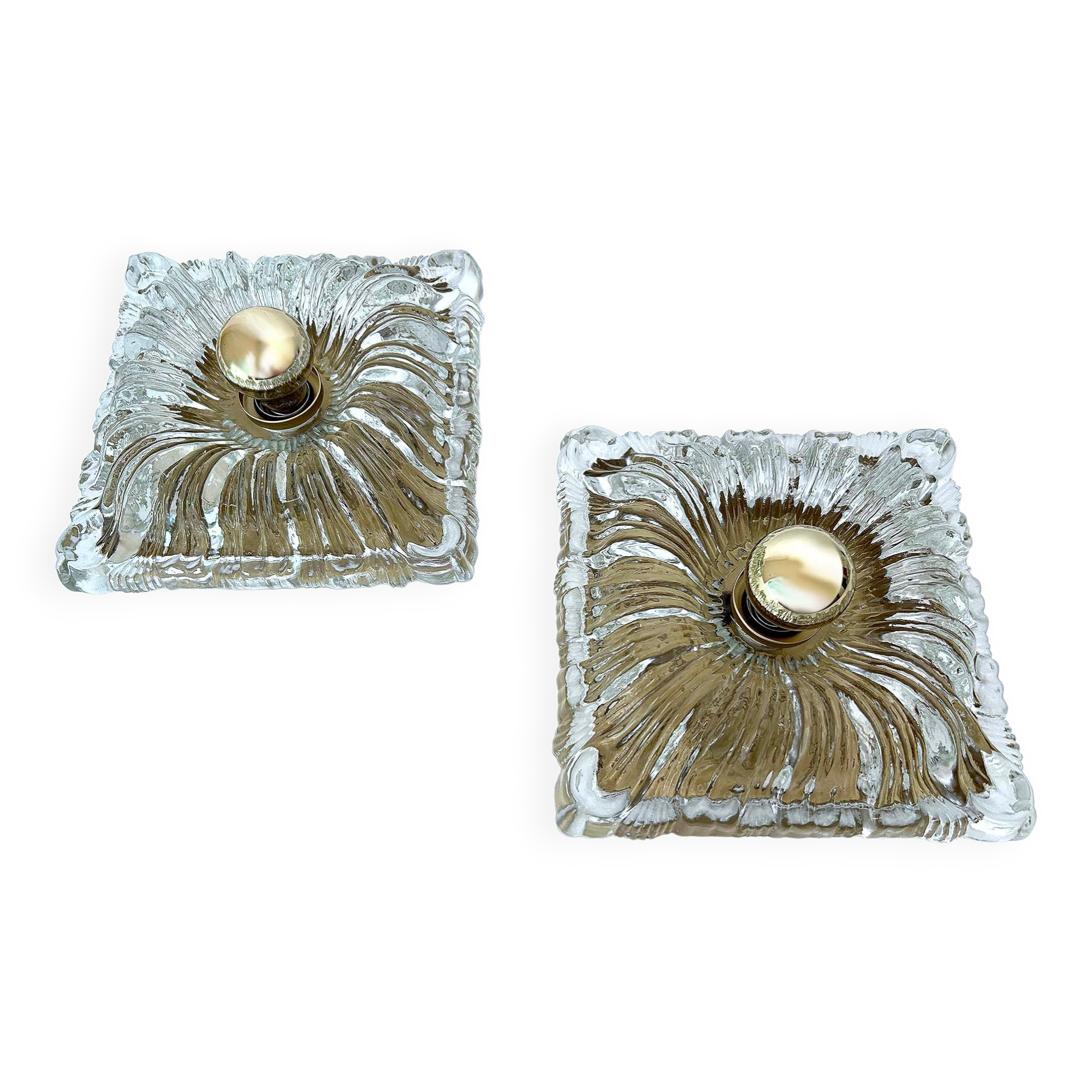 Pair large vintage architectonic wall lamps, 60s, glass
