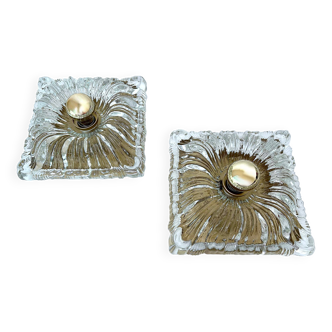 Pair large vintage architectonic wall lamps, 60s, glass