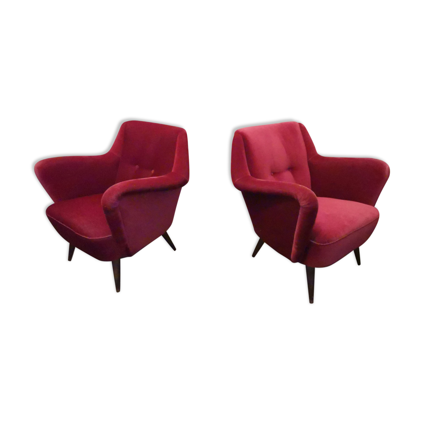 Pair of organic armchairs from the 50s red velvet