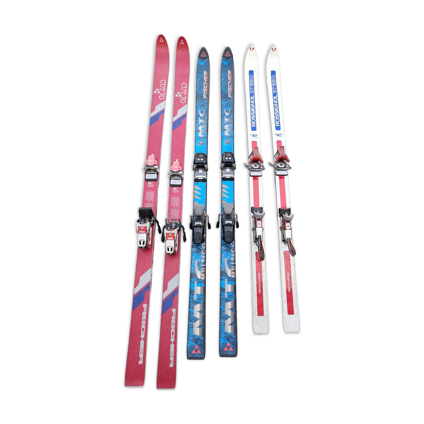 3 pairs of vintage skis: Rossignol Strato, ST 650 & Fischer.