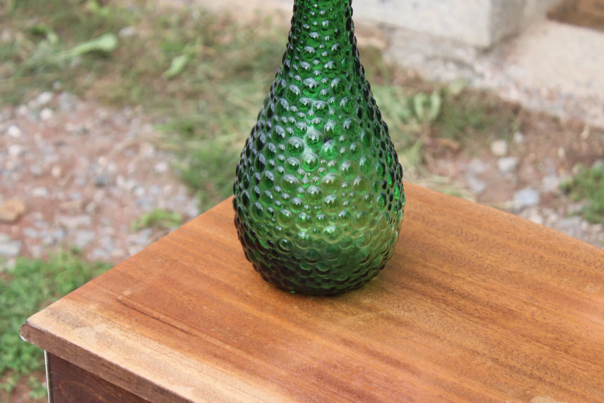 Large decorative vintage green glass carafe/bottle with relief – H57 cm