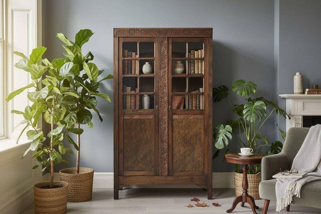 Vintage display cabinet/shelf in dark wood with glass.