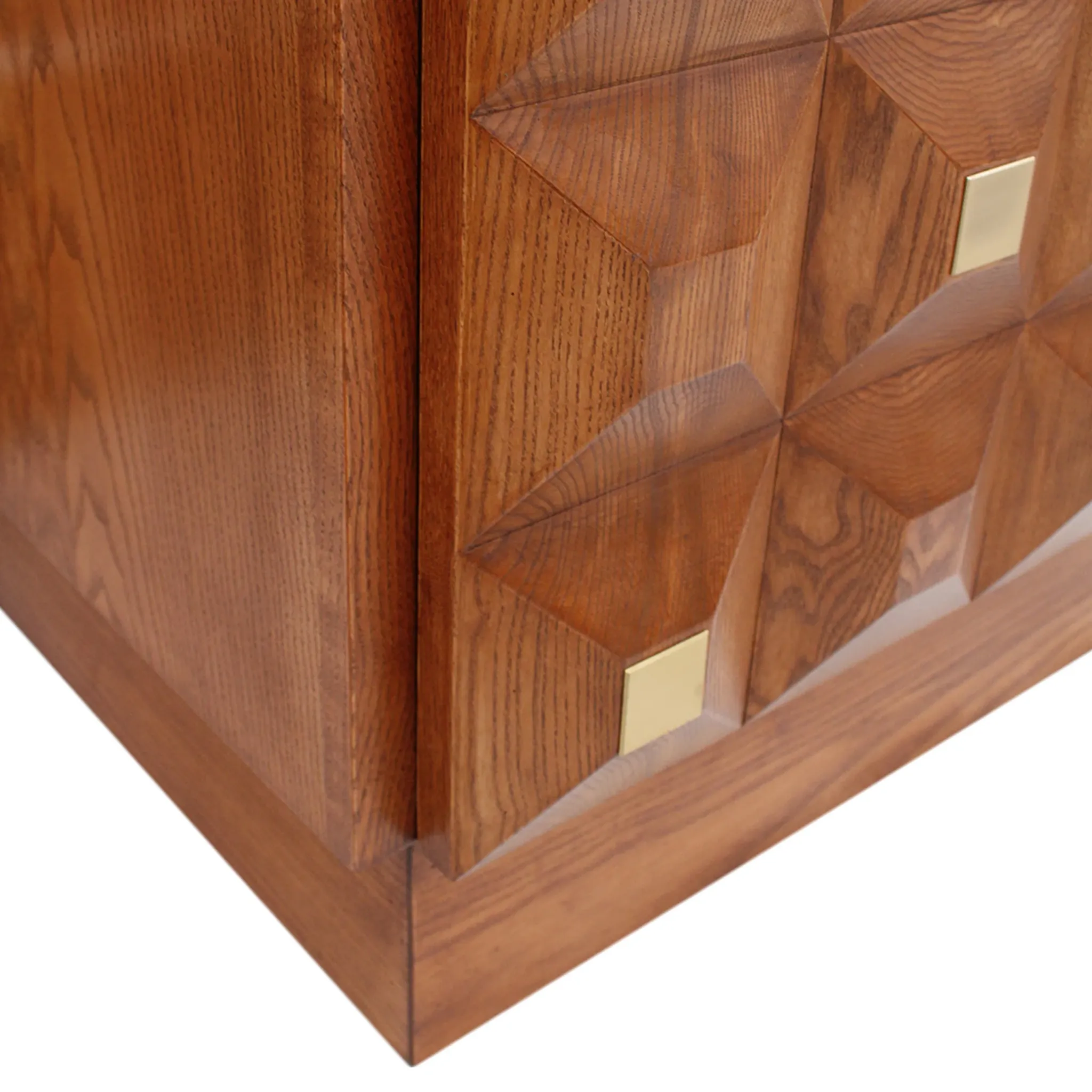 Contemporary Square Pattern Oak Wood, Brass and Travertine Top Italian Side