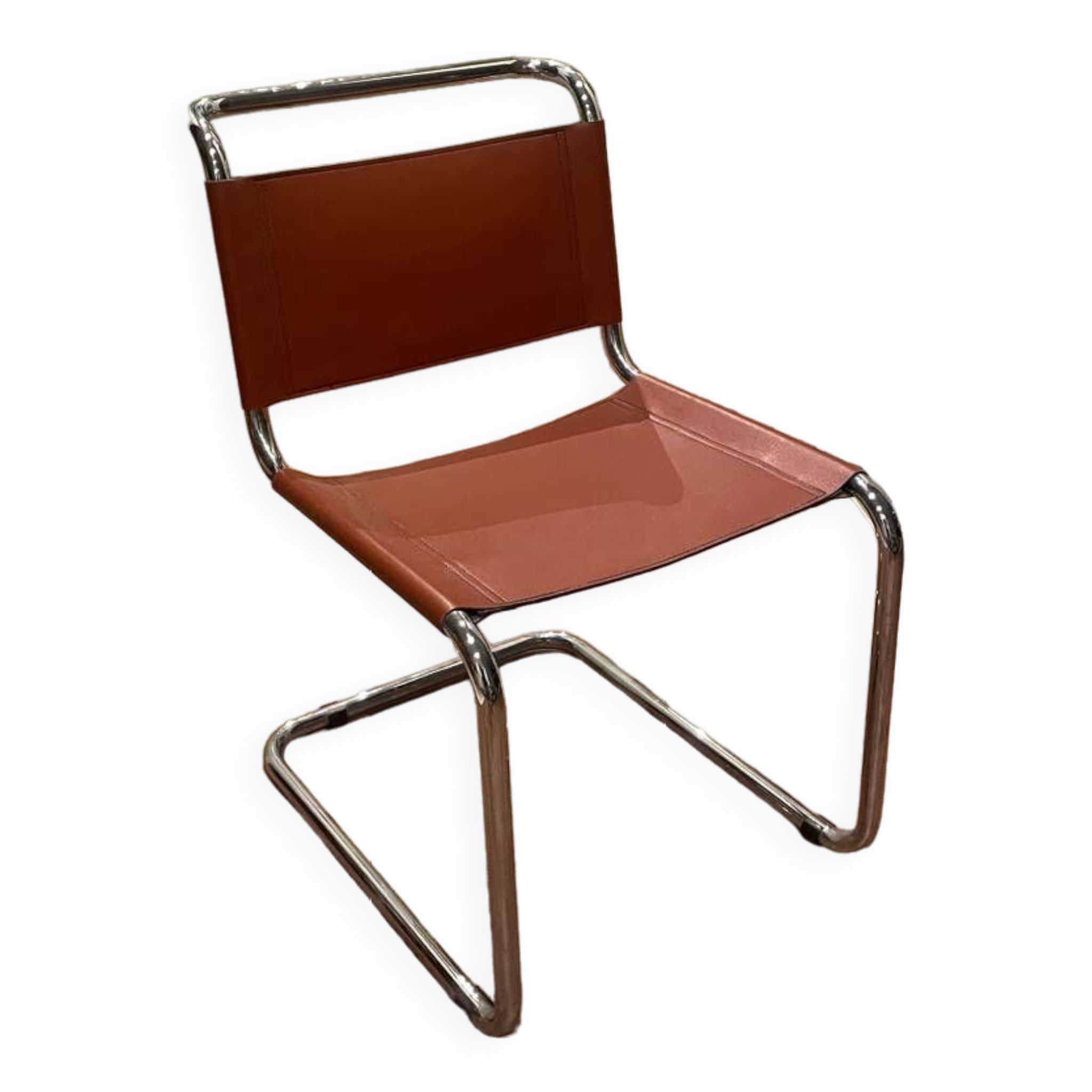 Hanging chair in Mart Stam S33 style in chrome metal and cognac imitation leather