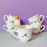 5 cups veronica tea with blue myosotis in white glass from arcopal-80s-retro-vintage