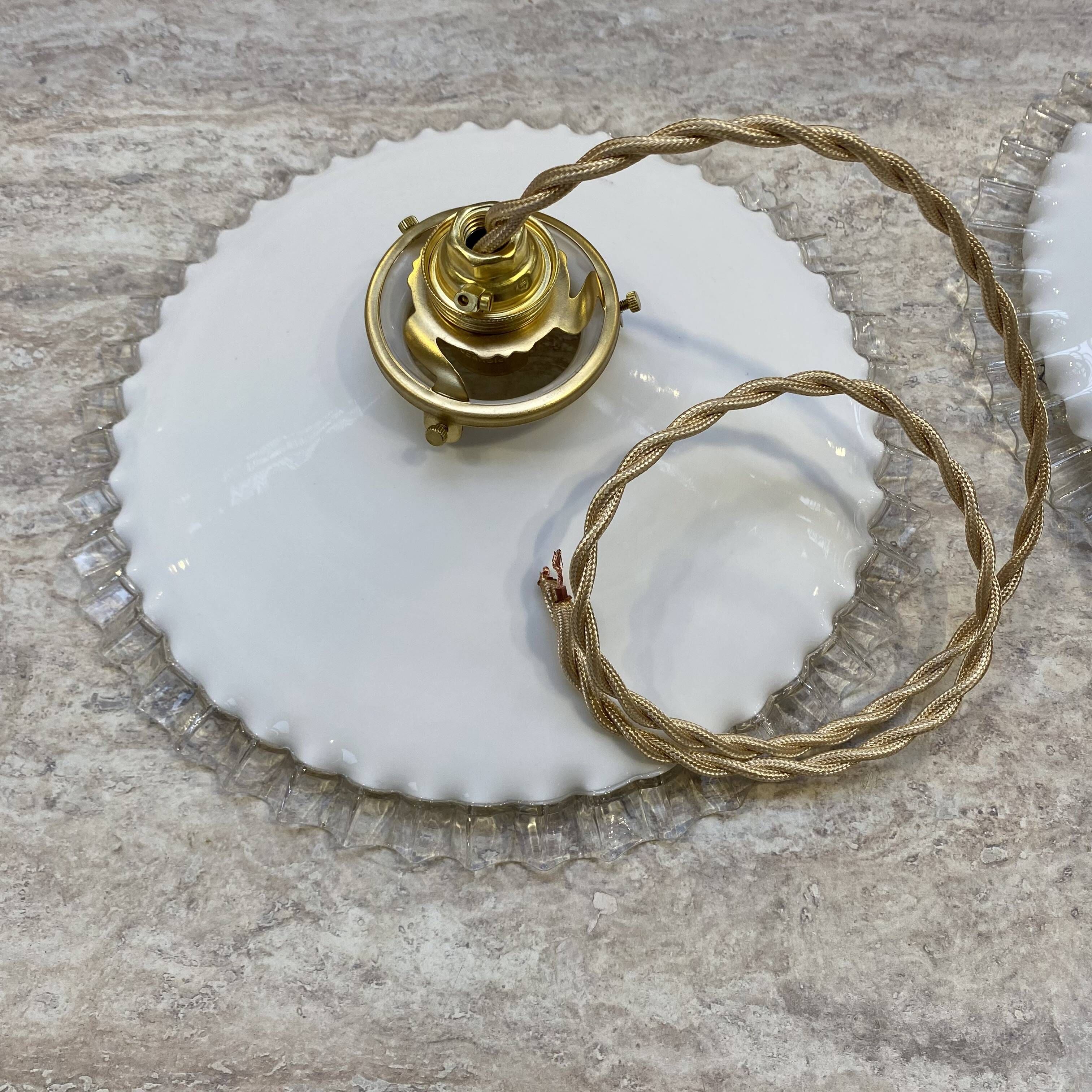 Pair of vintage pendant lights in opaline and transparent serrated edges