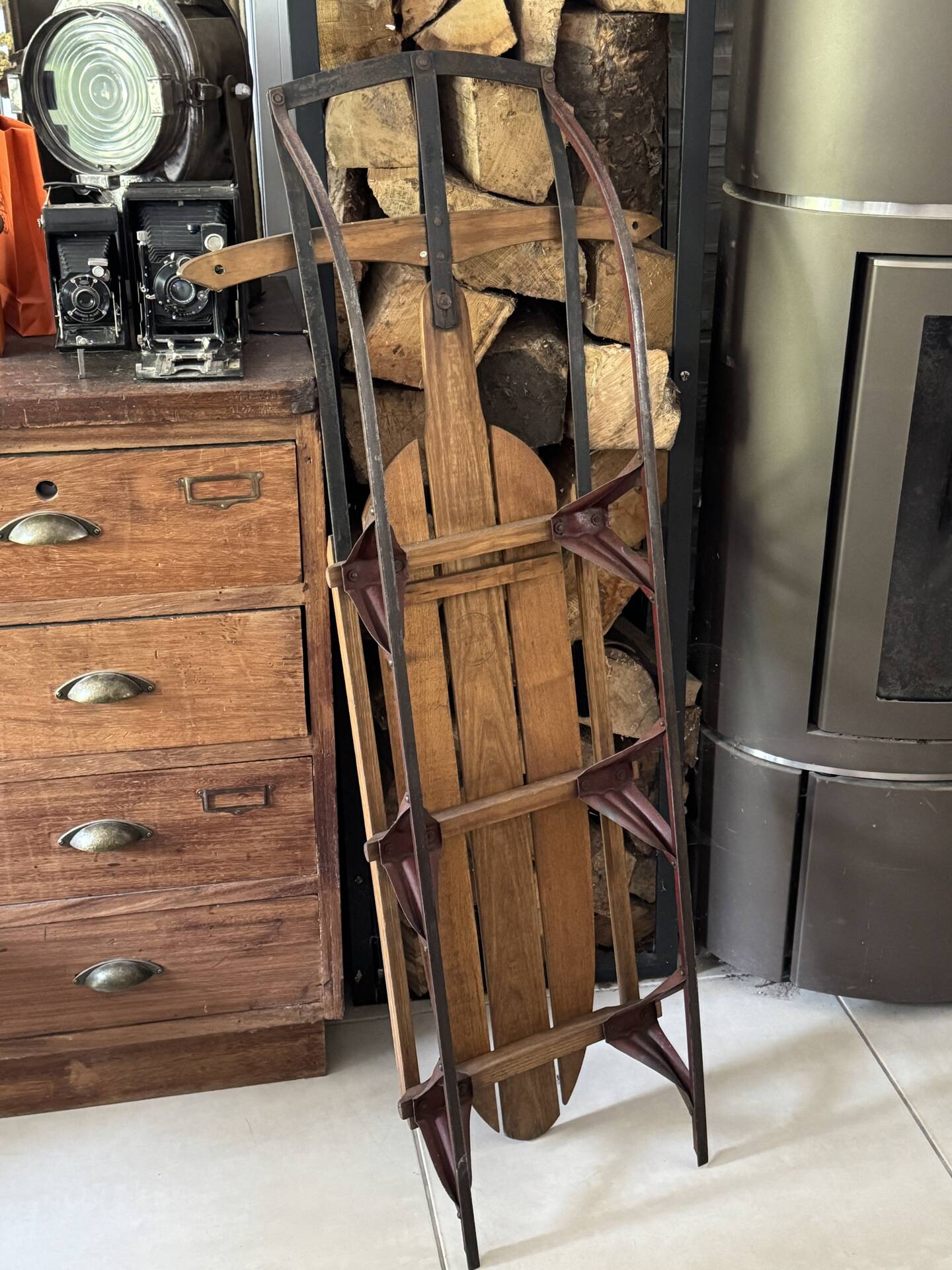 Vintage American sled in wood and metal - 1950s