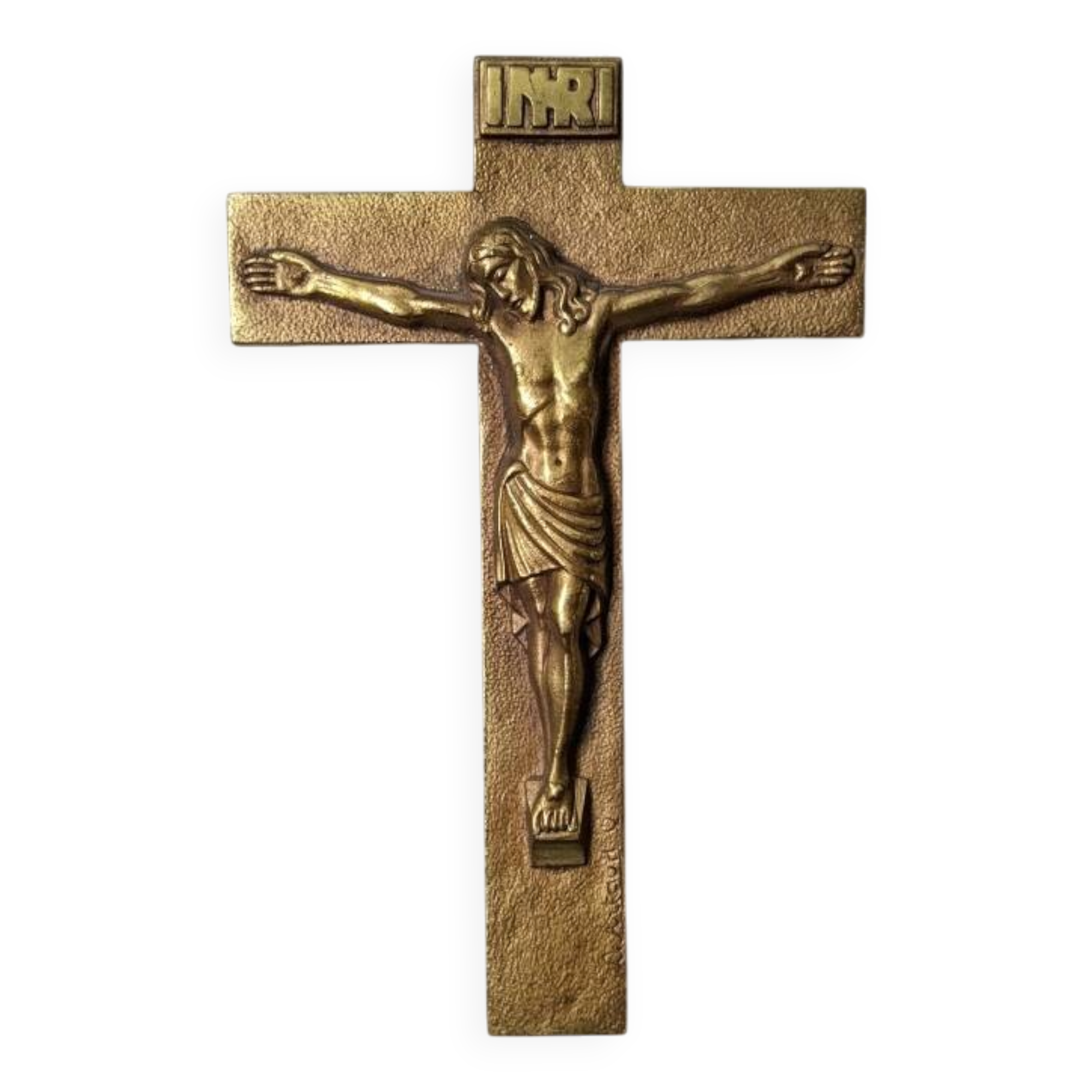 INRI gilded bronze wall crucifix, ancient religious object
