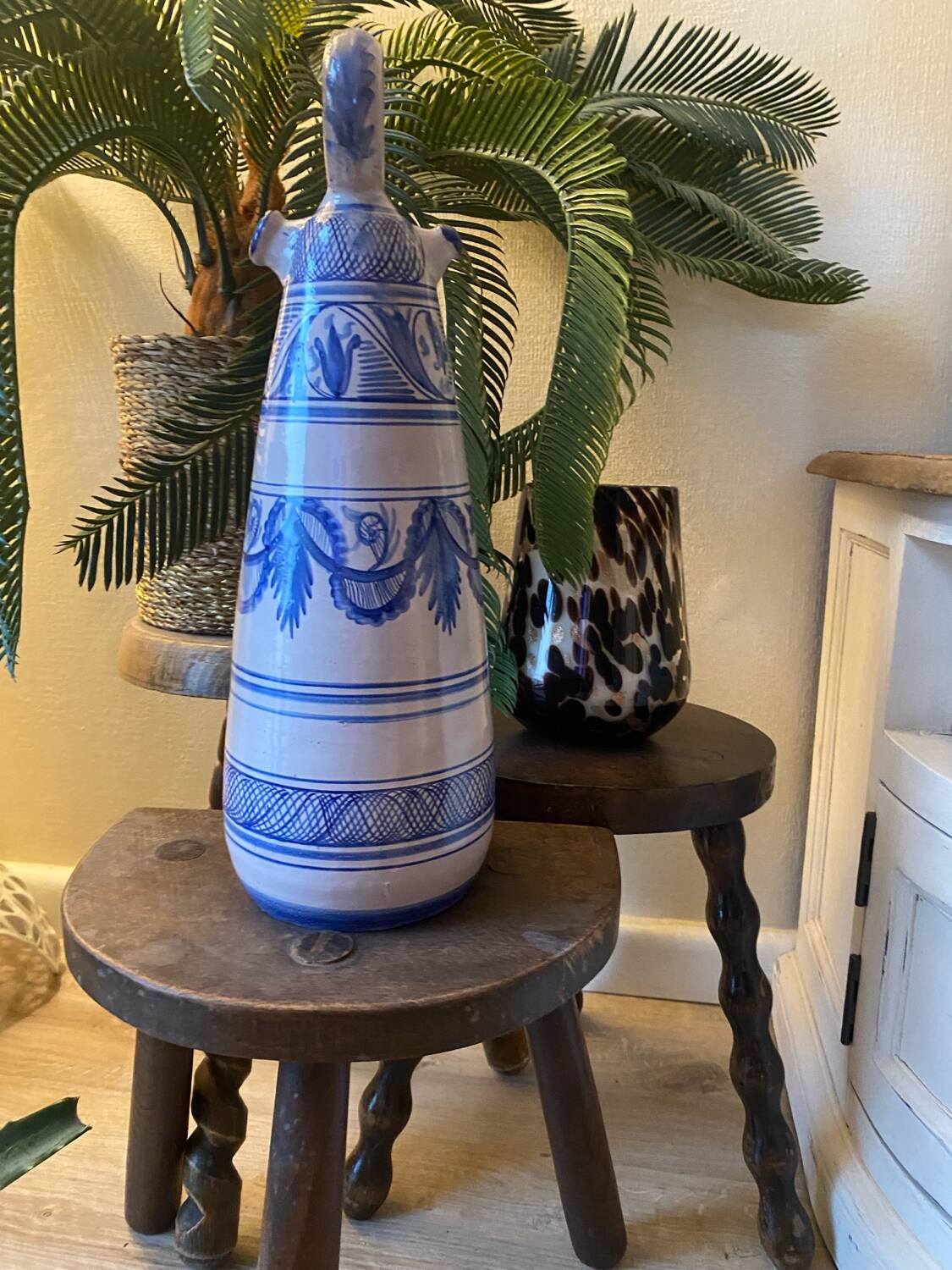 Vintage Spanish Hand Painted Glazed Ceramic Vase / Water Jug