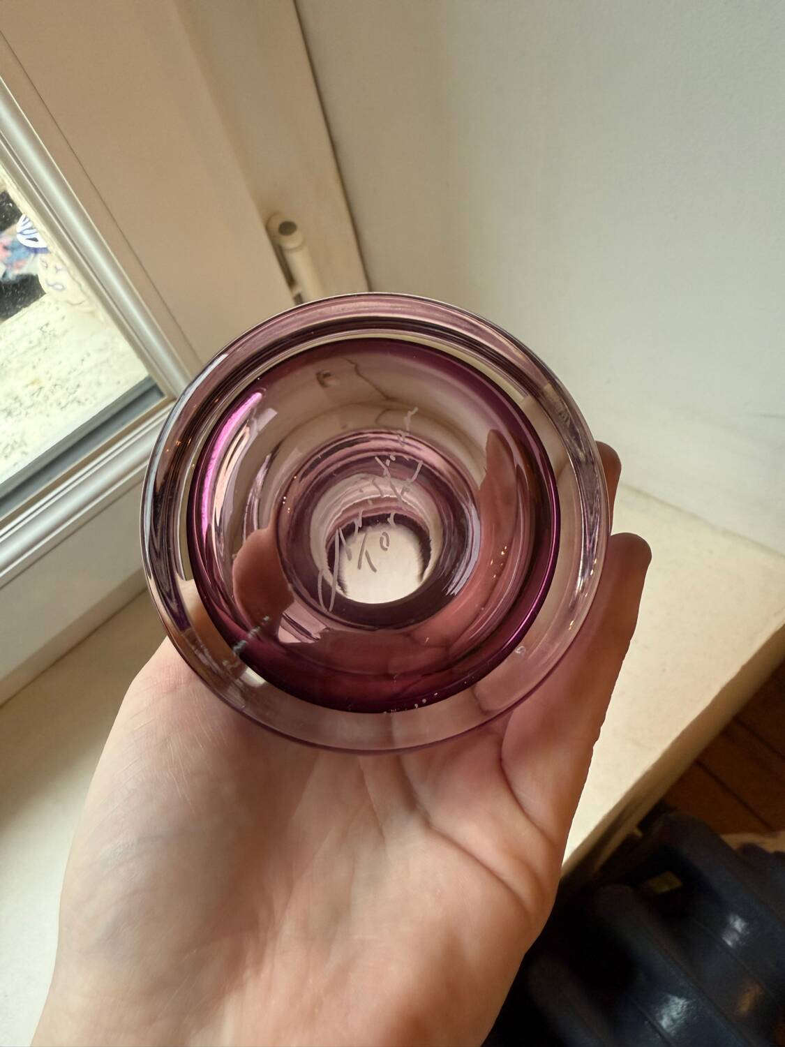 Vintage tinted glass vase with bulges, signed Christian Tortu