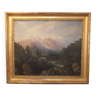 Grande peinture huile sur toile Paysage de Montagne XIXè