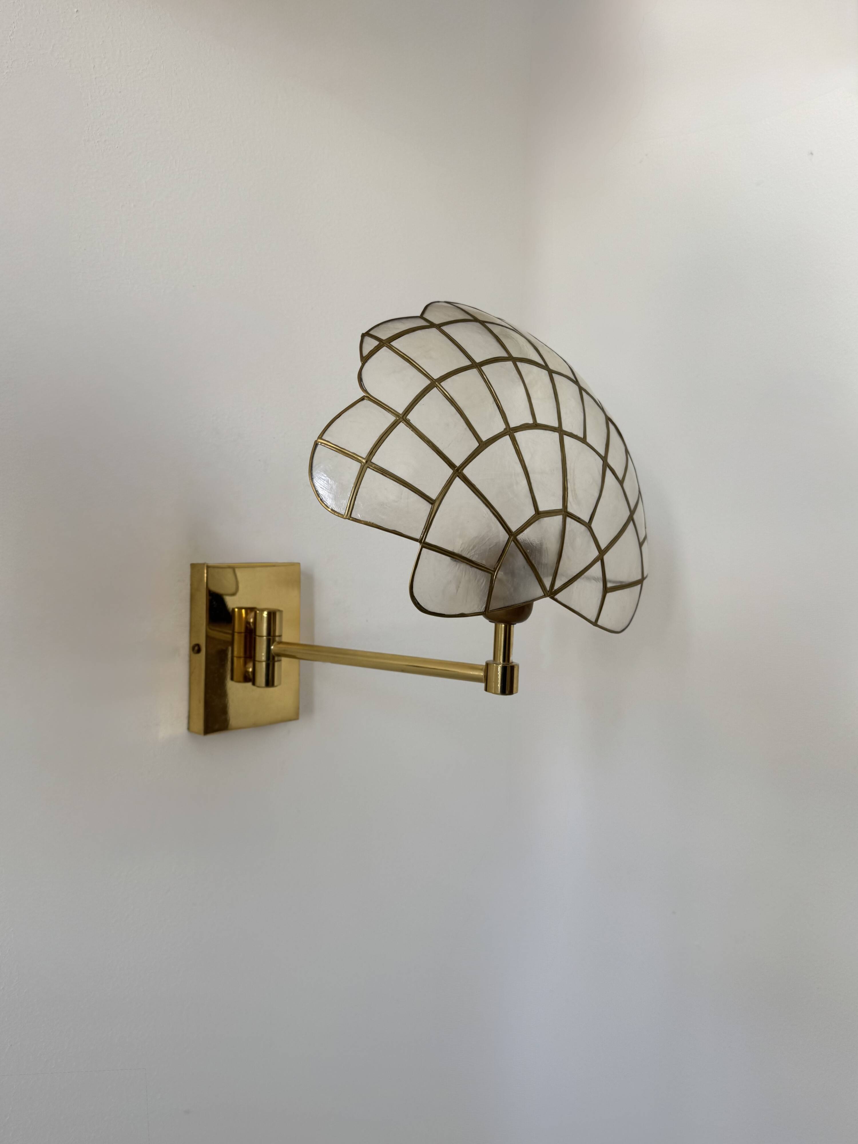 Pair of adjustable vintage wall lights, brass and mother-of-pearl, France, 1980.
