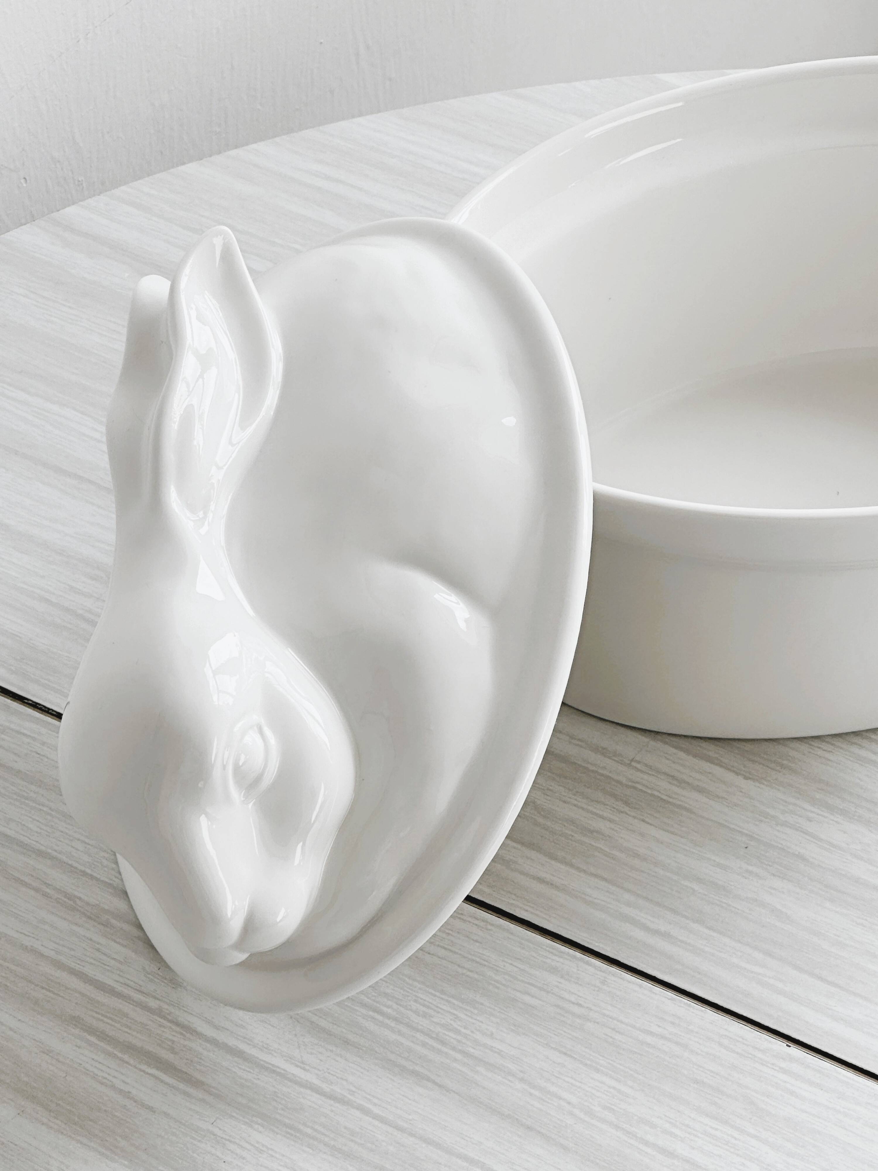 Large white porcelain rabbit terrine dish.
