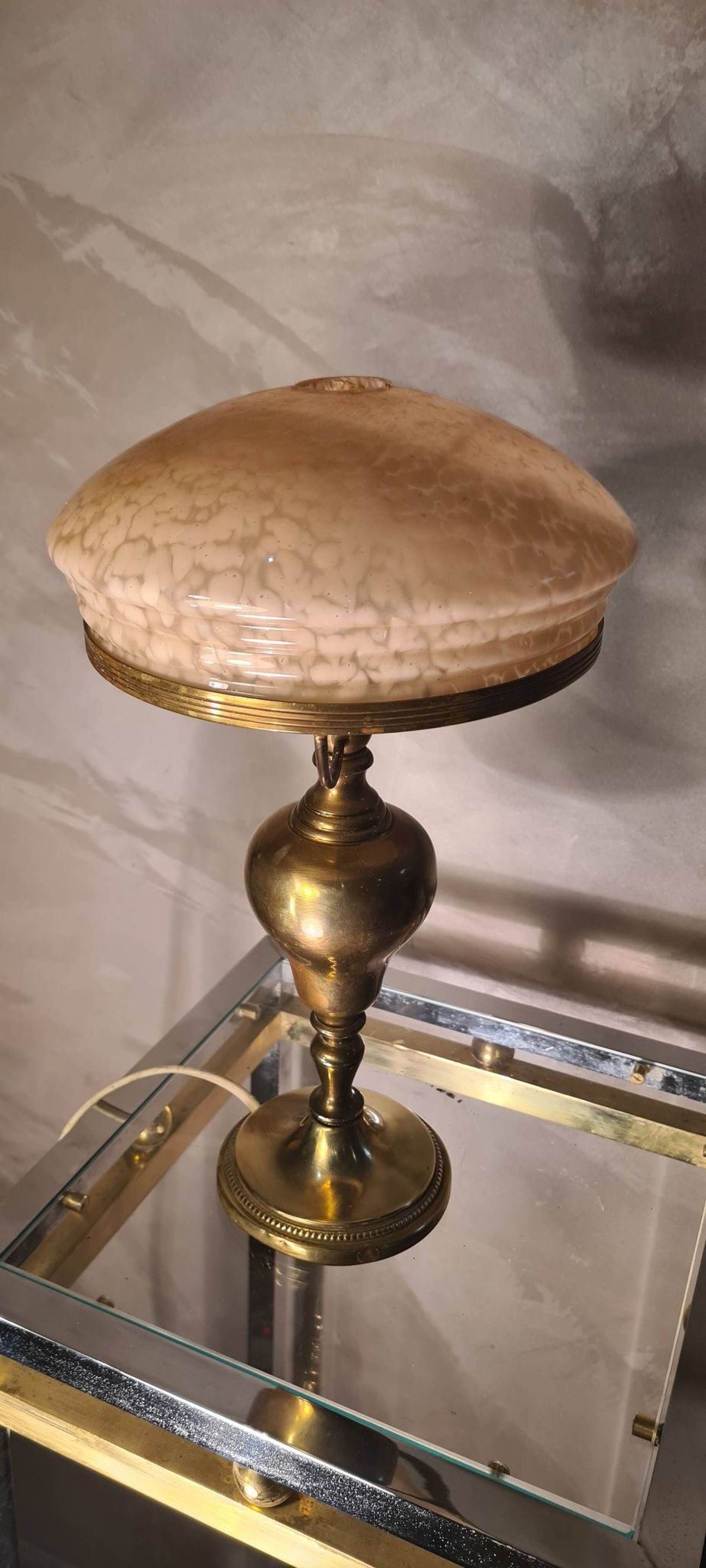 Brass lamp 1930, clichy glass lampshade 35x20, slight mark of use