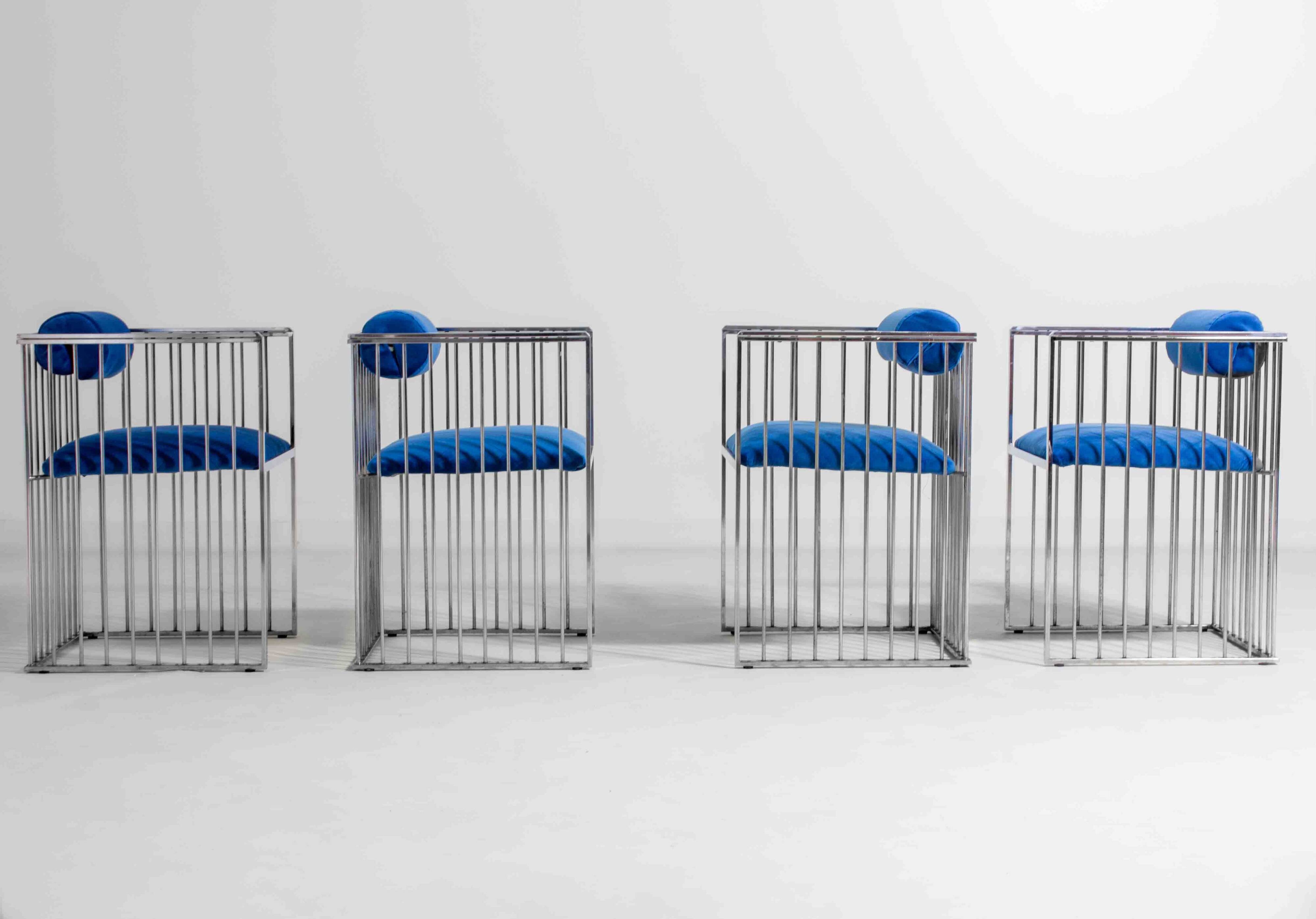 Set of four Italian modernist chrome chairs with royal blue velvet, 1970s