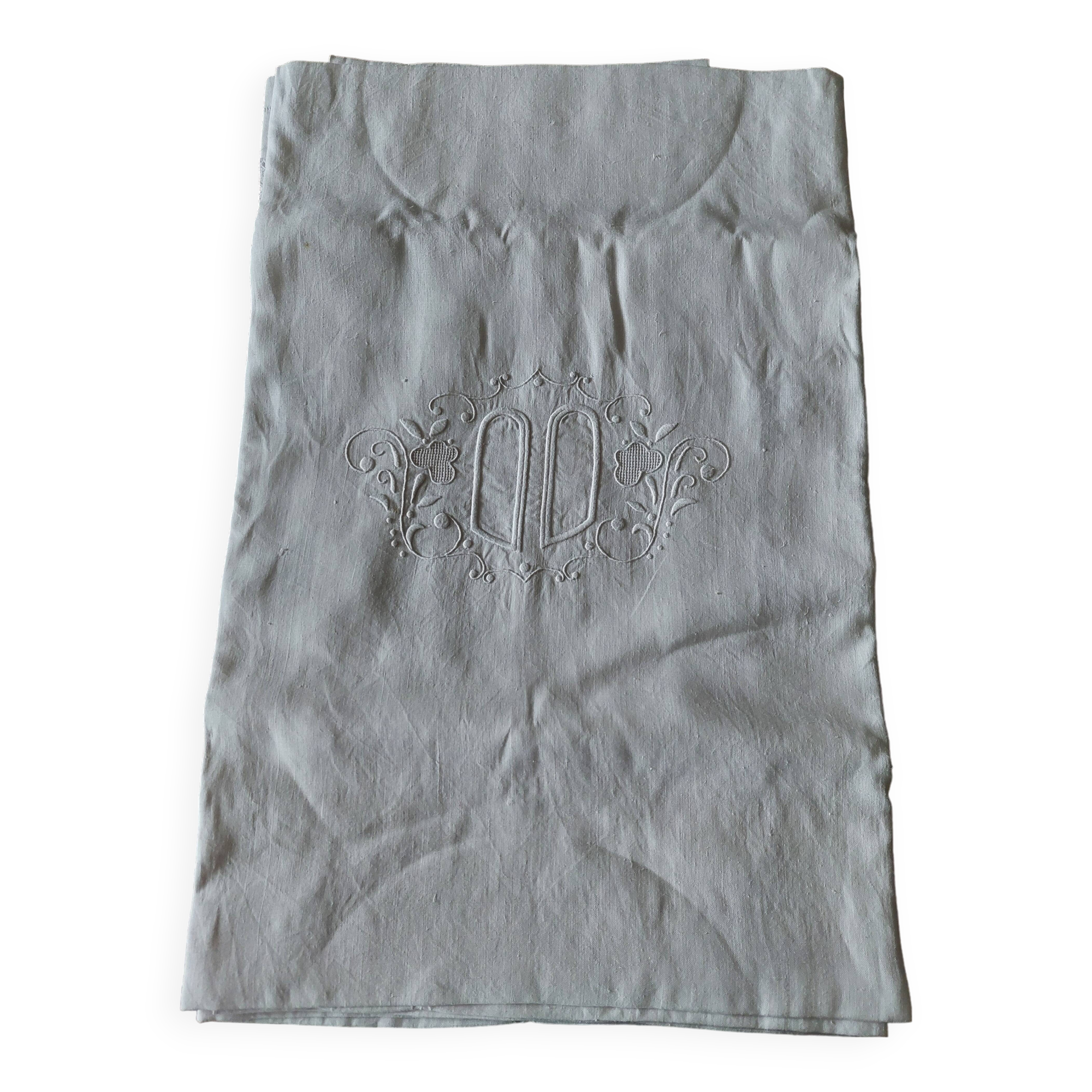 Nappe ancienne lin brodé 175 X 175 cm