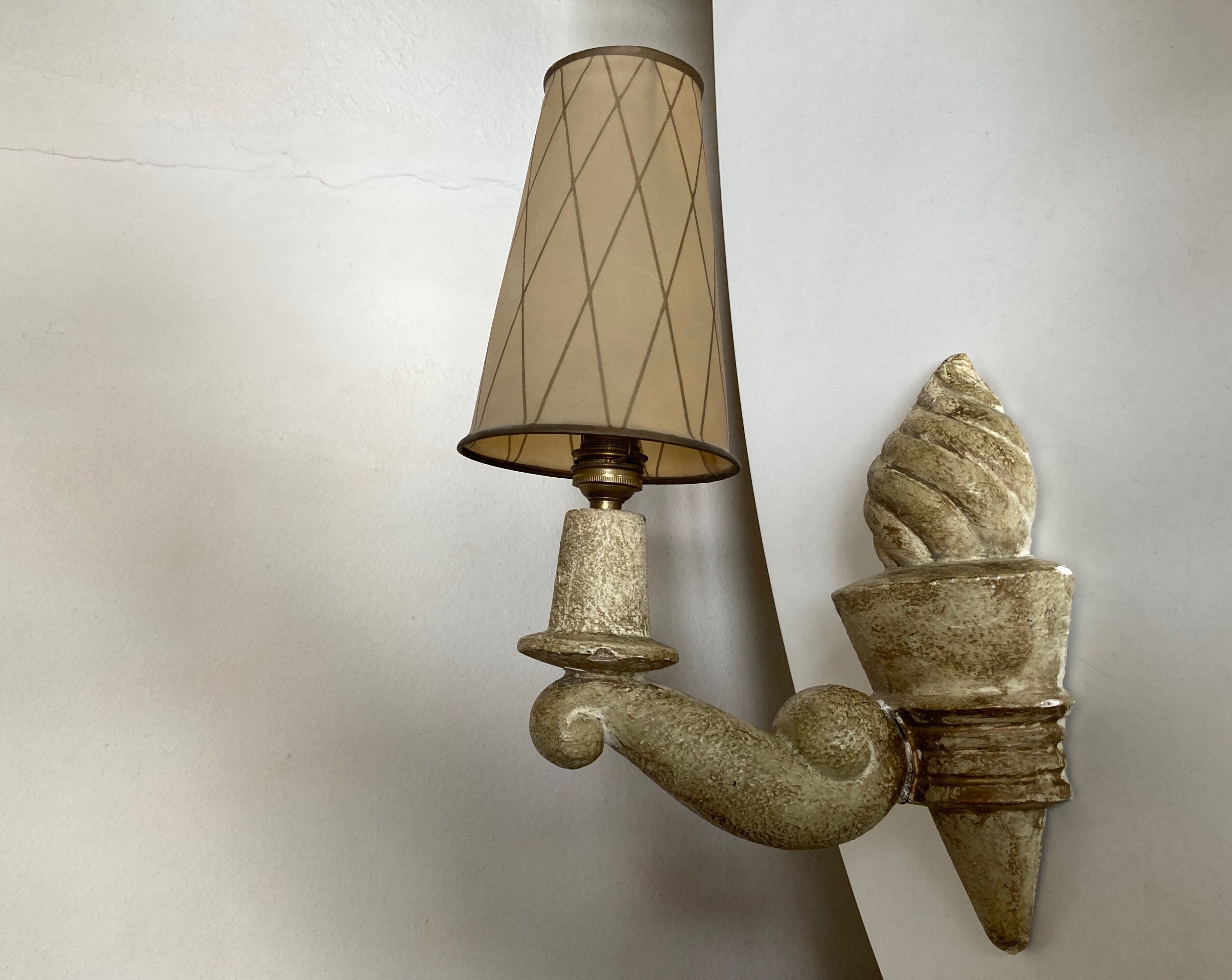 Pair of Arlus torchlight wall light in art deco plaster 1950