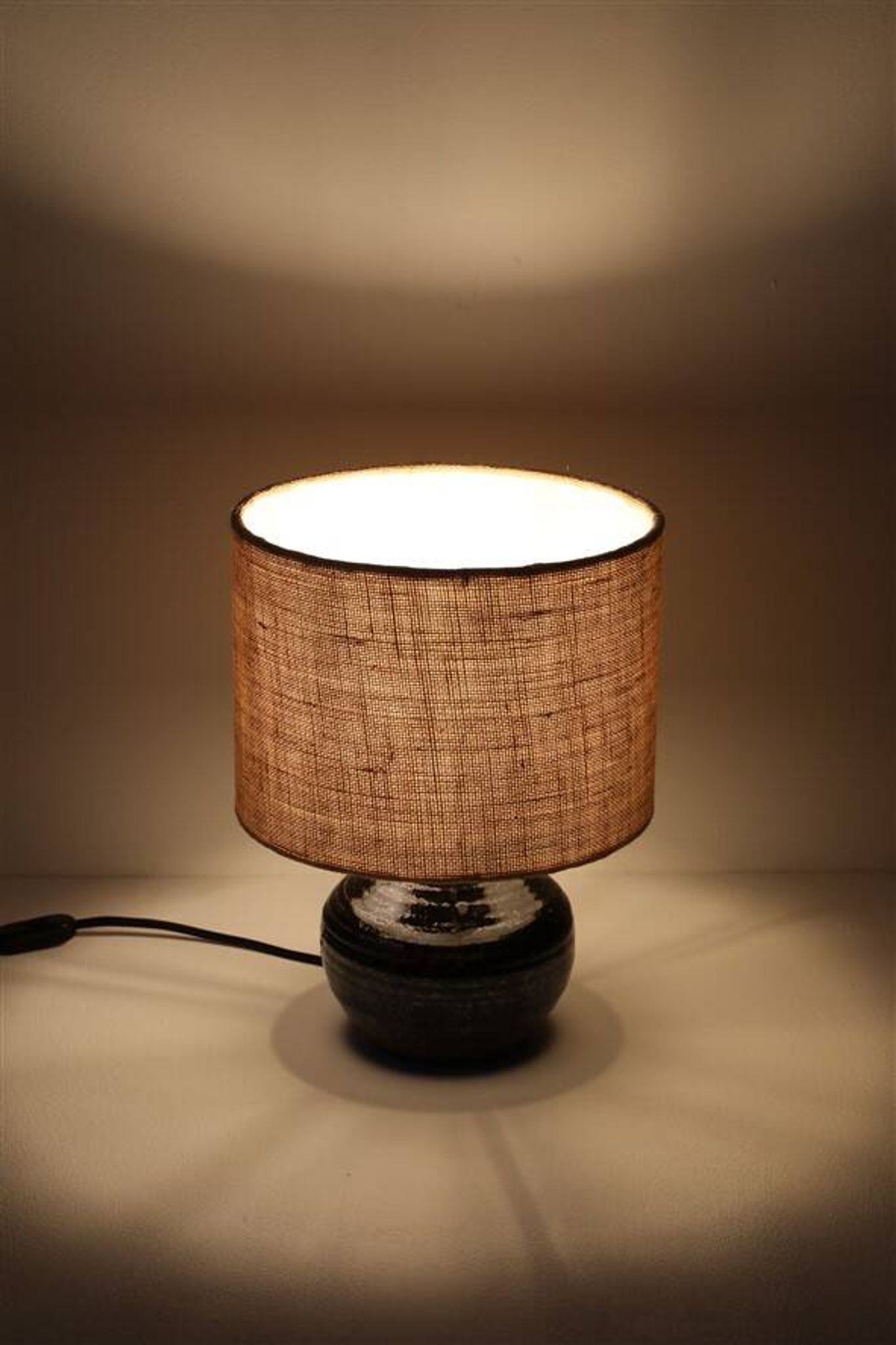 Rare, handcrafted Robert “Rob” Bentsen ceramic table lamp with a jute lampshade / Mid-century Danish modern design / 1960s / 1970s