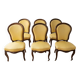 Set of 6 antique classic style chairs in wood and yellow fabric.