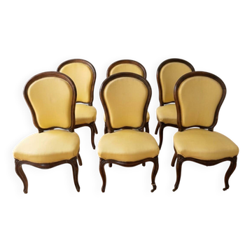 Lot de 6 chaises anciennes style classique en bois et tissu jaune