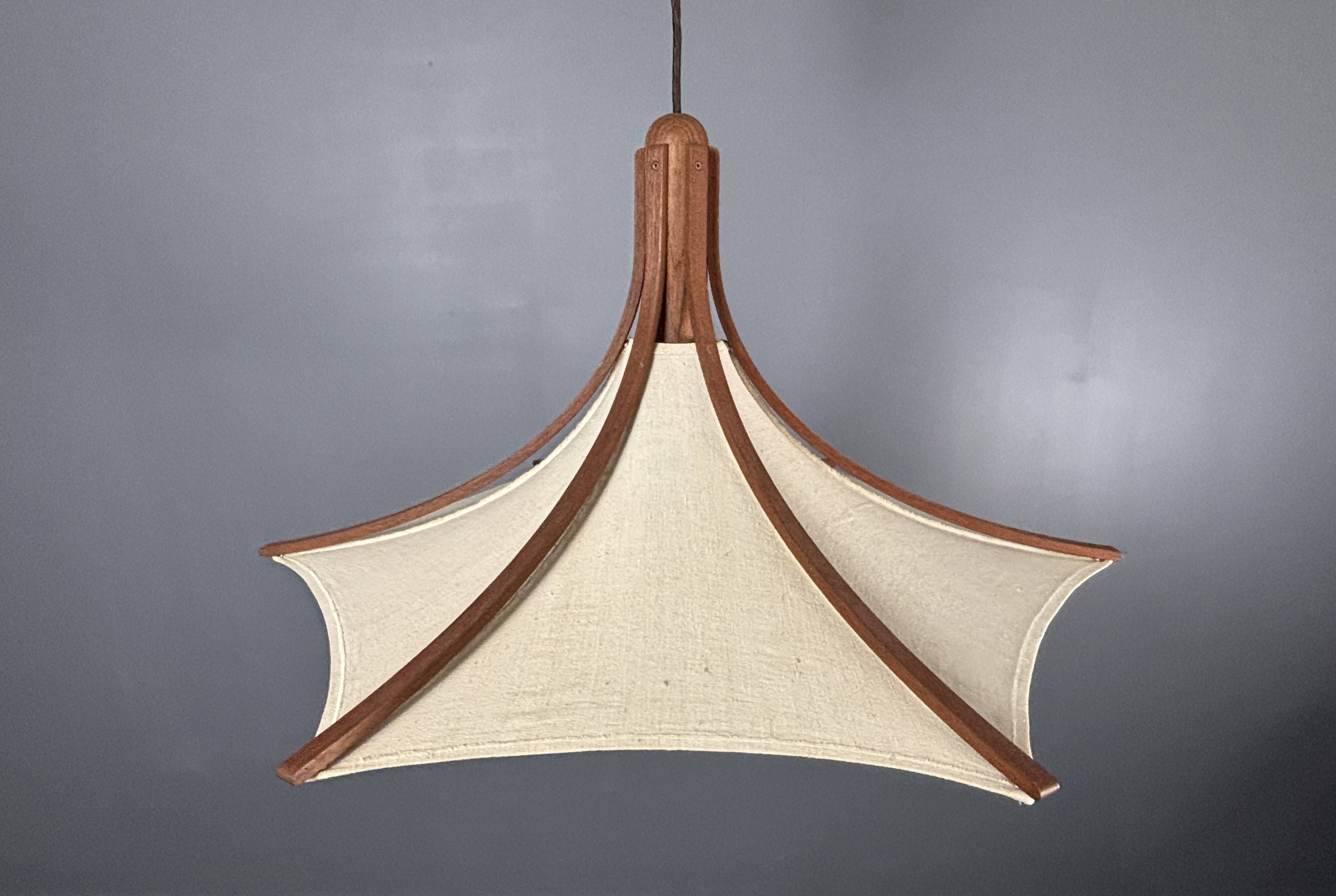 Teak And Linen Umbrella Counter Balance Pendant By Domus, 1970s